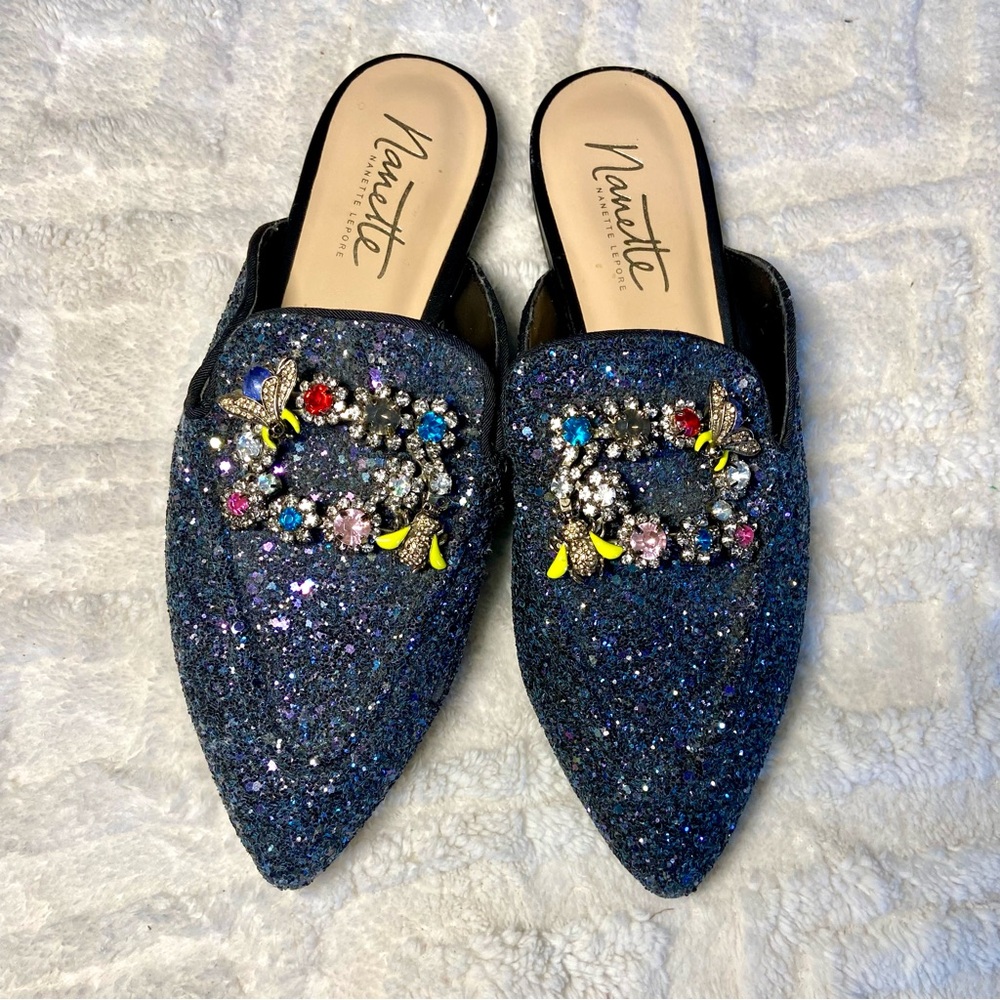 Nanette Lepore Gillian Blue Glitter Pointed Mules with Multicolor Jewel Clusters